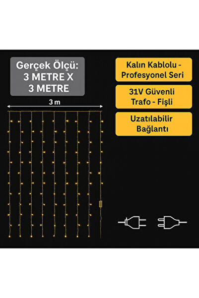 Yellowtech 3x3 Yılbaşı Perde Led – Günışığı Sarı, Uzatılabilir LED Işık | Ev, Nişan, Tag, Organizasyon