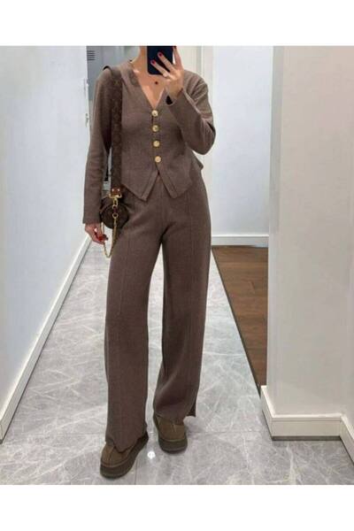 D'RECCY Women's Gold Buttoned Top and Bottom Stylish Knitwear Set