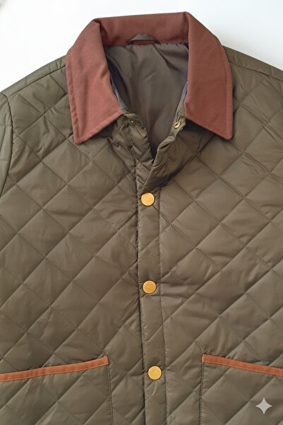 A&O Style Men's Khaki Regular Fit Premium High Quality Snap Closure Gabardine Quilted Coat with Collar Detail