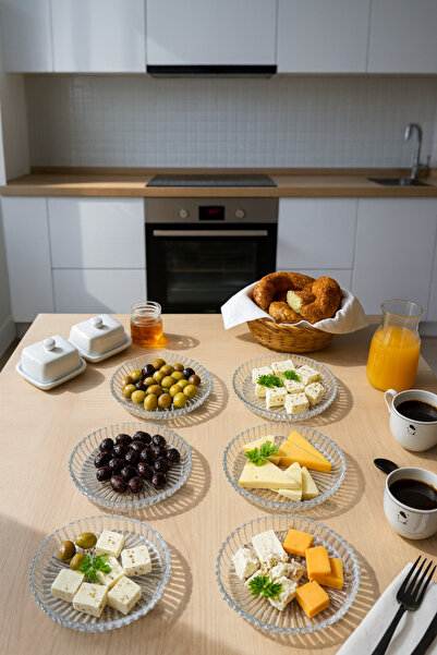 Kezze Şeffaf Desenli 6'LI Cam Kahvaltı-Pasta-Tatlı Sunum Tabağı-Dayanıklı & E...