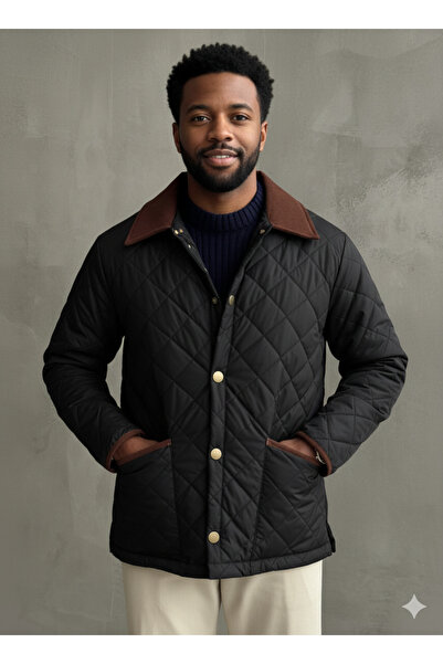 A&O Style Men's Black Regular Fit Premium High Quality Snap Closure Gabardine Quilted Coat with Collar Detail