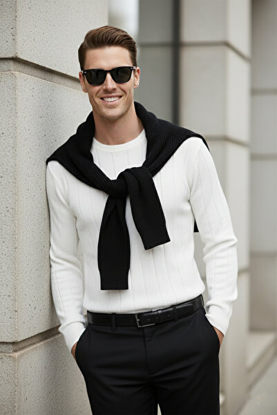 DeepSEA White Slim Fit Stretch Fabric Men's Knitwear Sweater – Crew Neck Stylish Design 2605433