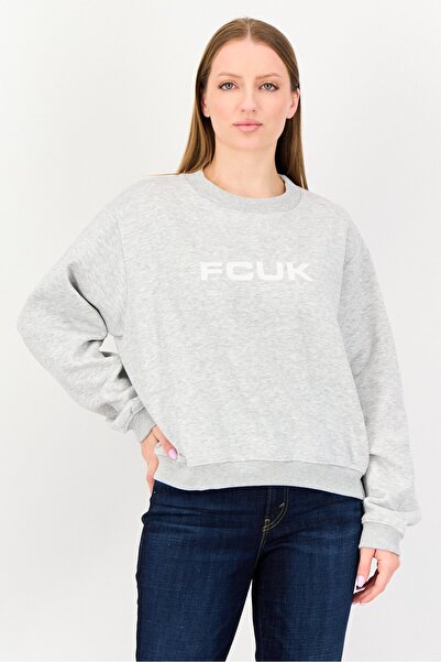 French Connection Women Ribbed Neck Long Sleeve Brand Logo Sweatshirt, Light Grey