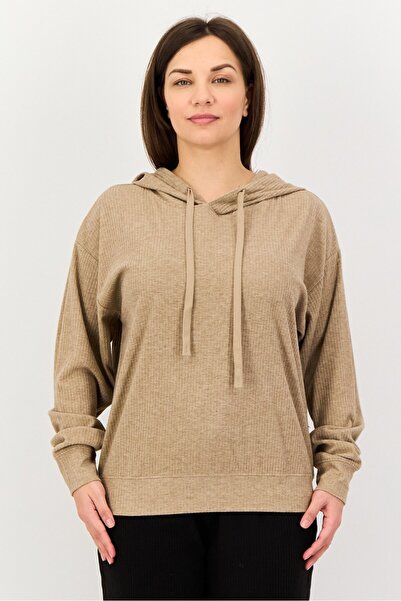 London Fog Women Stripe Long Sleeve Hoodie, Light Brown