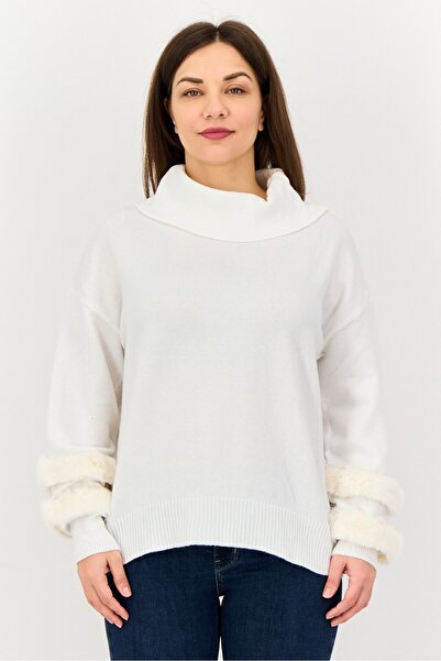 Madison + Hudson Women Turtle Neck Faux Fur Sweater, White