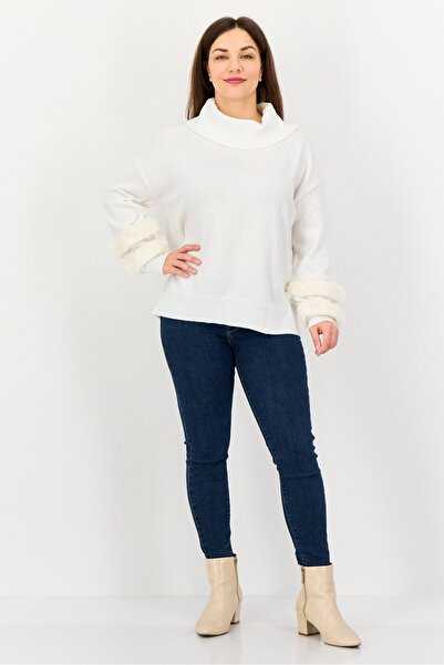 Madison + Hudson Women Turtle Neck Faux Fur Sweater, White