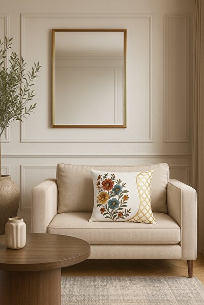 MİNOZA Digital Printed Flower Design Laser Cut Leather Detailed Decorative Throw Pillow Cover