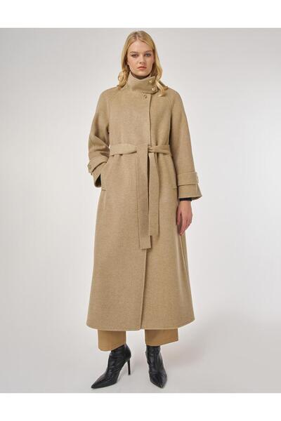 Kayra Mock Neck Belted Cashmere Coat Dark Beige