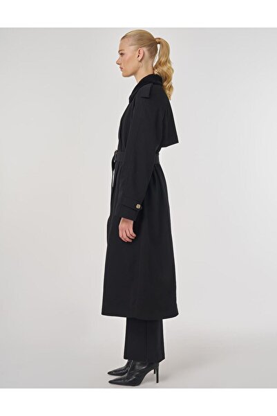 Kayra Velvet Collar Trench Coat Black