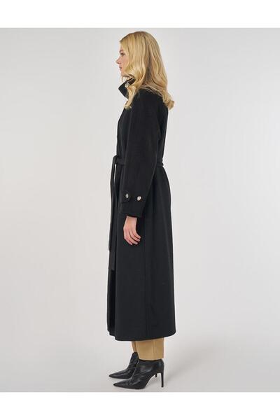 Kayra Stand Collar Belted Stamp Coat Black