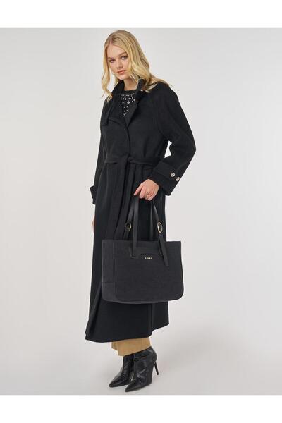 Kayra Stand Collar Belted Stamp Coat Black