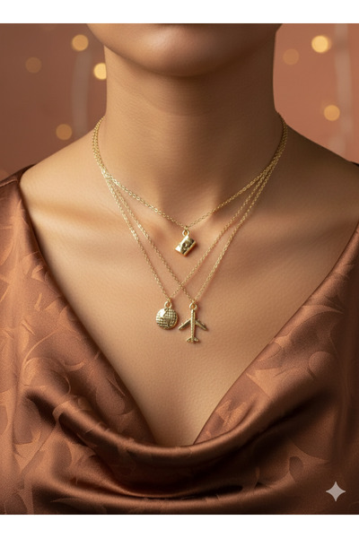 Uno Di Famiglia 3 ' lü charm kolye seti , pasaport figürlü kolye , dünya figü...