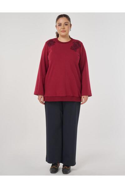 Kayra Appliqued Three Thread Sweatshirt Burgundy