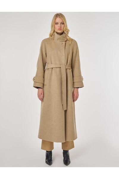 Kayra Mock Neck Belted Cashmere Coat Dark Beige