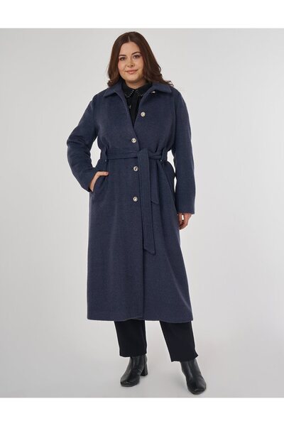 Kayra Felt Coat with Belt Navy Blue