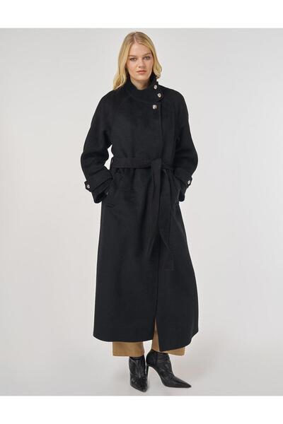 Kayra Stand Collar Belted Stamp Coat Black