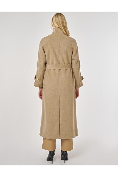 Kayra Mock Neck Belted Cashmere Coat Dark Beige