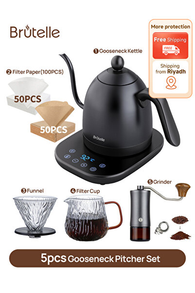 Brutelle مجموعة ماكينة تحضير القهوة مع غلاية Gooseneck وطحن القهوة وغلاية يدوية للتخمير المنزلي والسفر