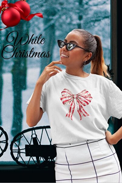 EYMORA Tricou alb cu panglică de Crăciun și iarnă