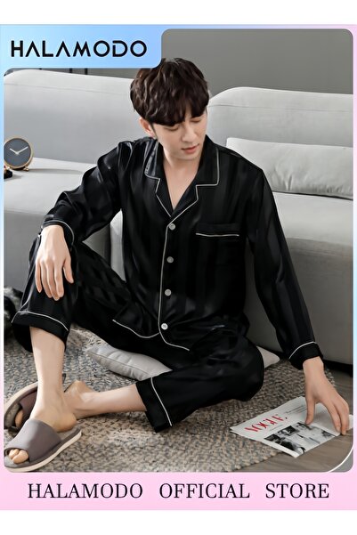 HALAMODO Mens Satin Pajamas Set Classic Short Sleeved and Long Pants Sleepwear Loungewear