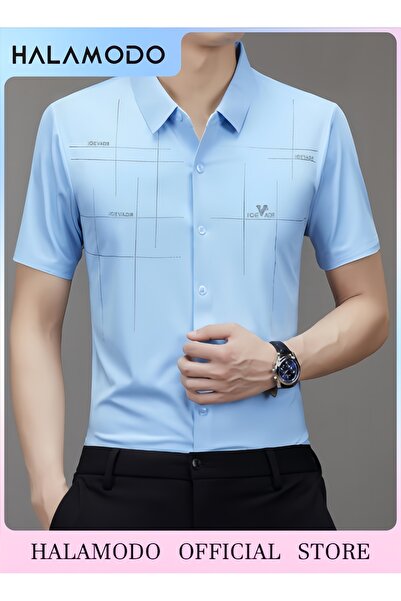 HALAMODO قميص رجالي رسمي بدون تجاعيد بقصّة عادية من قماش رايون مطاطي بأزرار