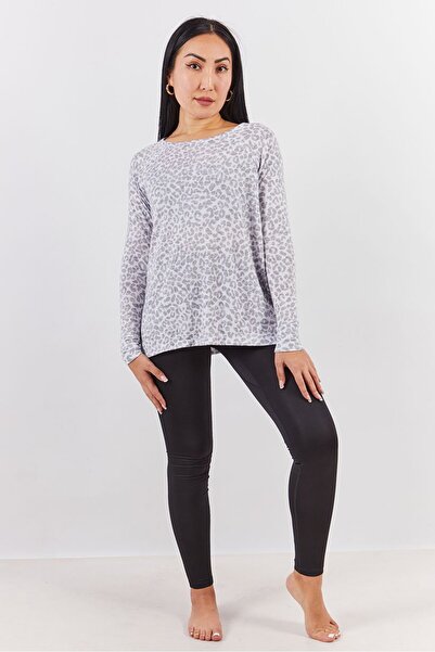 Undiz Women Long Sleeve Allover Print Pajama Top, Grey and White