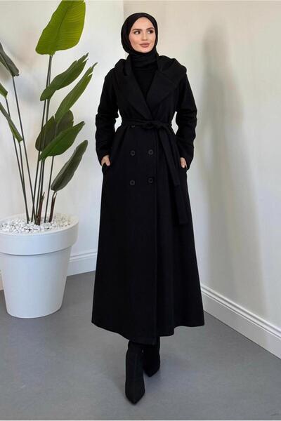 TRENDTESETTÜR KADIN SİYAH KAPÜŞONLU KUŞAKLI KABAN T 4326