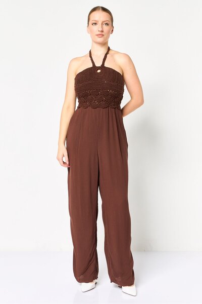 PROMOD Women Crochet Sleeveless Jumpsuit, Dark Brown
