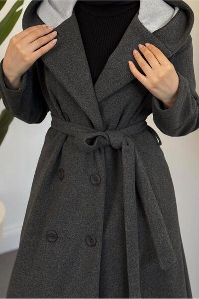 TRENDTESETTÜR Women's Gray (Anthracite) Ka Hooded Coat with Detachable Collar t 4326