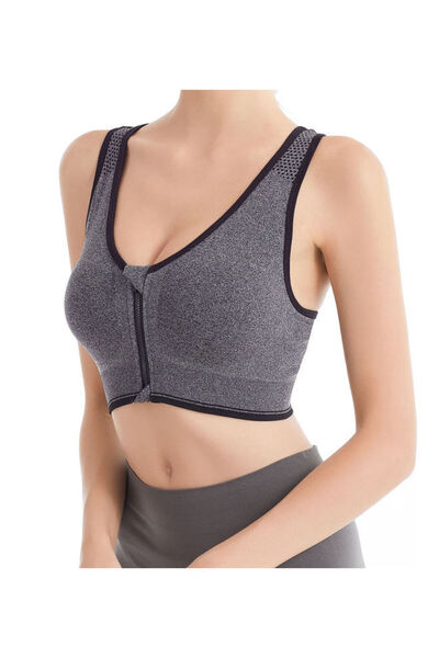 DOMEET Front Zipper Breathable Wireless Yoga Bra Grey