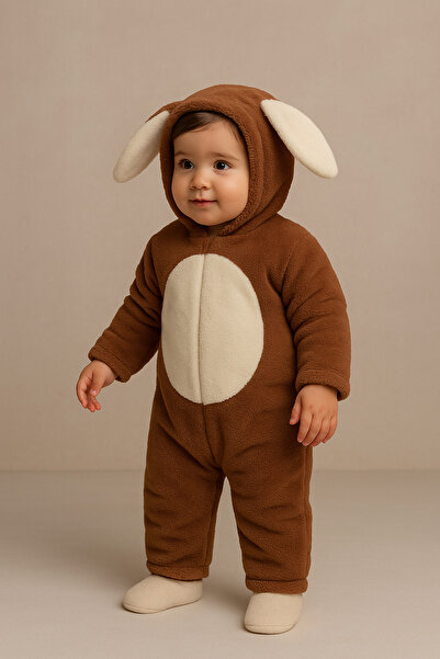 Katia&Bony Baby Rabbit Eared Hooded Plush Jumpsuit Brown