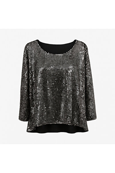 Hayalet Silver Sequined Plus Size Evening Blouse – Sparkling Relaxed Fit Stylish Top | Limited Edition | Custom Tailoring
