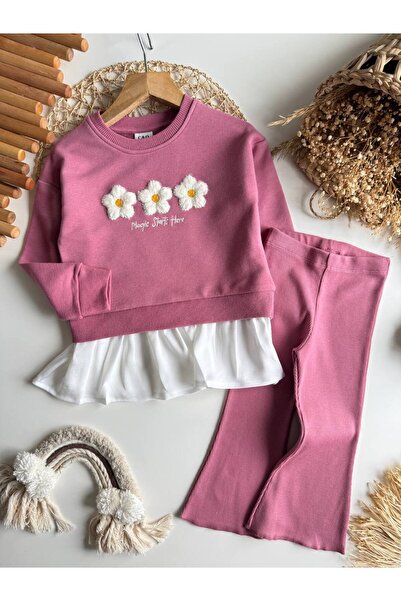 NOBLEKIDS Floral Embroidered Dusty Rose Girls' Set – Sweatshirt & Wide-Leg Leggings, Ages 2-8