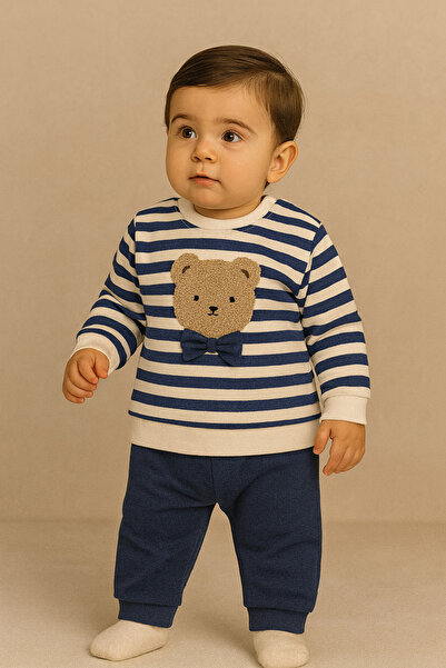 Katia&Bony طقم بنمط تيدي للأطفال مع ربطة عنق باللون الأزرق الداكن