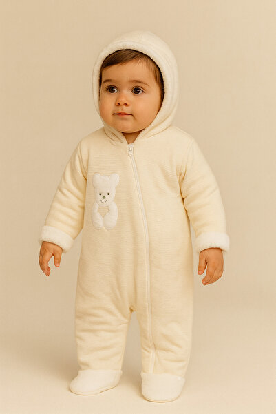 Katia&Bony Baby Teddy Patterned Plush Inside K Hooded Jumpsuit Ecru