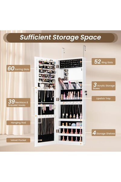YESMAX خزانة مجوهرات بمرآة، منظم 2 في 1، خزانة مجوهرات مثبتة على الحائط بباب قابل للقفل مع أرفف