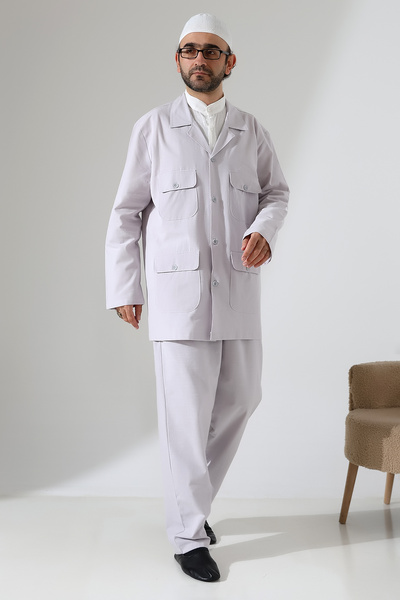 ihvan online Men's Linen Double Safari Suit - Hajj and Umrah Clothing Gray (Sfa)