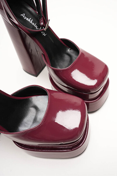 Ayakkabı Ateşi Burgundy Patent Leather Double Platform Chunky Heel Women's Shoes - Ankle Strap Blunt Toe Evening Dress Shoes