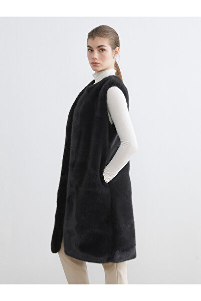 LC Waikiki Black Crew Neck Women's Fur Vest