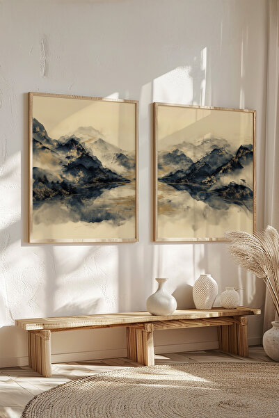 STARYUNA Set of 2 Paintings with Wooden Frame and Watercolor Effect Mountain View Yuna445
