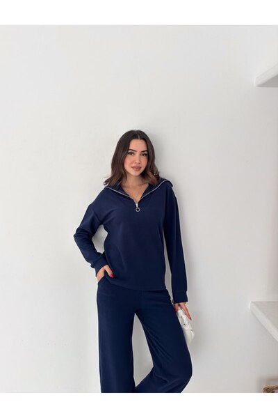 Gugus طقم نسائي من قماش محبوك بياقة قائمة وسحاب أمامي (جزء علوي/سفلي)