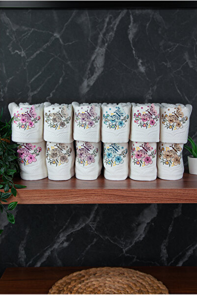 ihvan online 100% Cotton 3D Butterfly Embroidered 12-Piece Dowry Towel Set for Mother and Daughter 50X90 cm - 00030