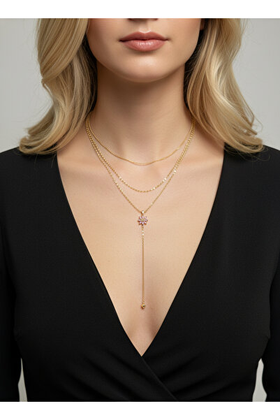 BRF Collection قلادة ذهبية من 3 طبقات – سلسلة طويلة بتفاصيل حجرية على شكل زهر...