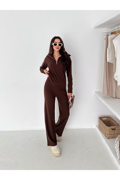 Gugus Women's Selani̇k Stand-Up Collar Zippered Knitted Fabric Bottom/Top Set