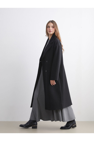 LC Waikiki Modest Black Jacket Collar Women's Cashmere Coat
