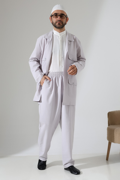 ihvan online Men's Linen Double Safari Suit - Hajj and Umrah Clothing Gray (Sfa)