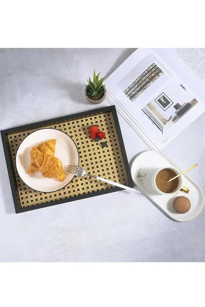 Generic Rectangle Serving Tray with Imitated Rattan and Black Wooden Frame, 32 x 23 x 2 cm