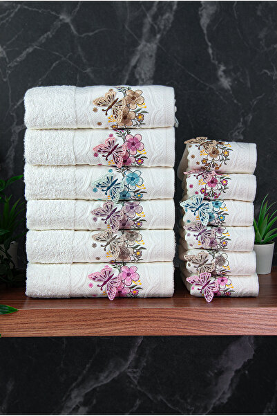 ihvan online 100% Cotton 3D Butterfly Embroidered 12-Piece Dowry Towel Set for Mother and Daughter 50X90 cm - 00030