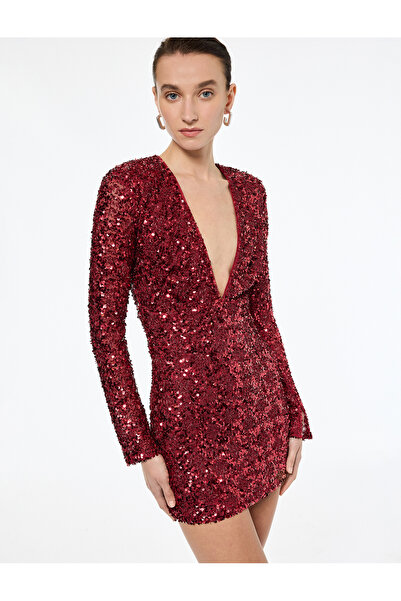 Koton Deep V Neck Long Sleeve Sequined Mini Evening Dress