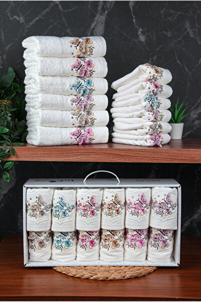 ihvan online 100% Cotton 3D Butterfly Embroidered 12-Piece Dowry Towel Set for Mother and Daughter 50X90 cm - 00030